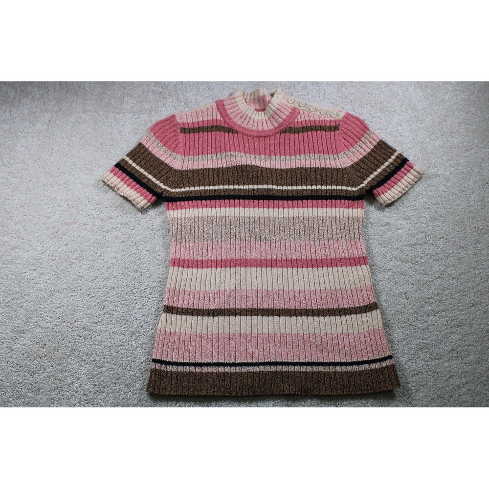 Emma James Sweater Womens Small Petite Striped Ribbed Short Sleeve Knit Pullover